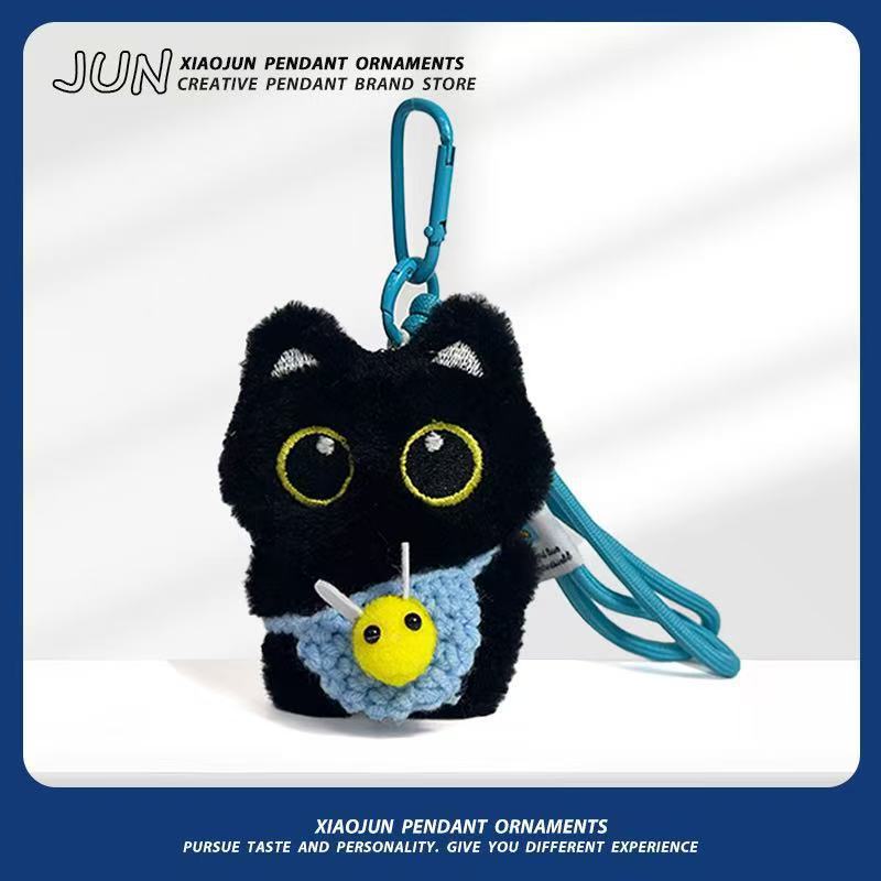 Cute Black Cat Keychain Handmade Plush Toy Unique Woven Hanging Rope Multi Colored Gift for Friends
