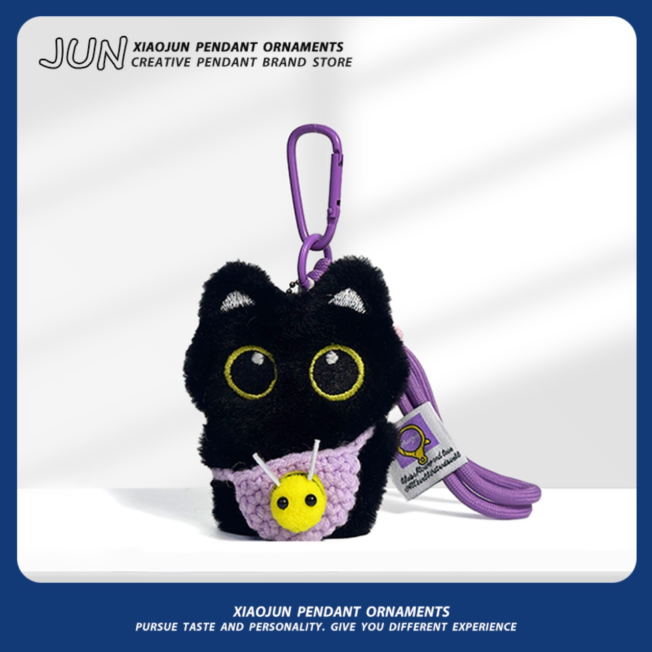 Cute Black Cat Keychain Handmade Plush Toy Unique Woven Hanging Rope Multi Colored Gift for Friends
