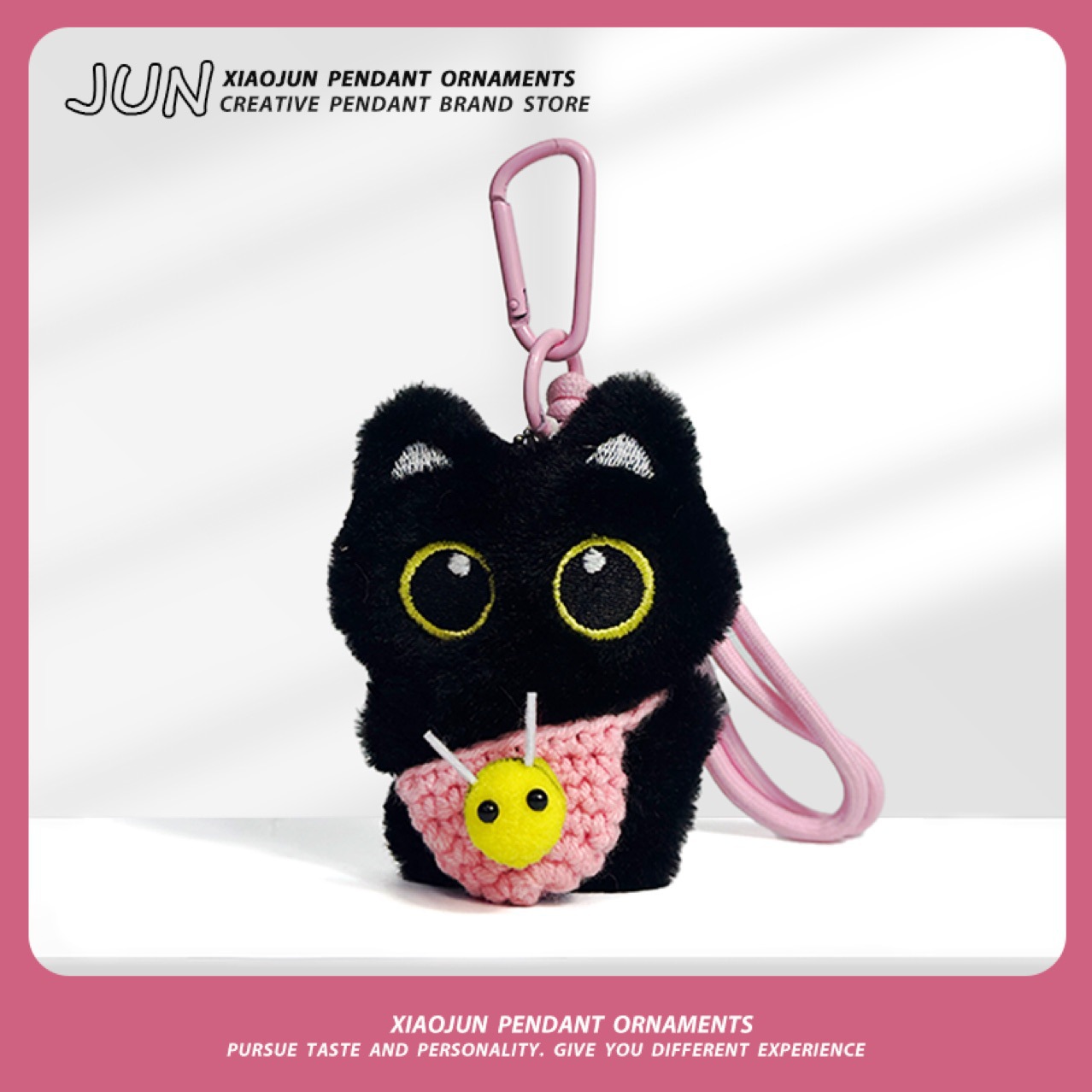 Cute Black Cat Keychain Handmade Plush Toy Unique Woven Hanging Rope Multi Colored Gift for Friends
