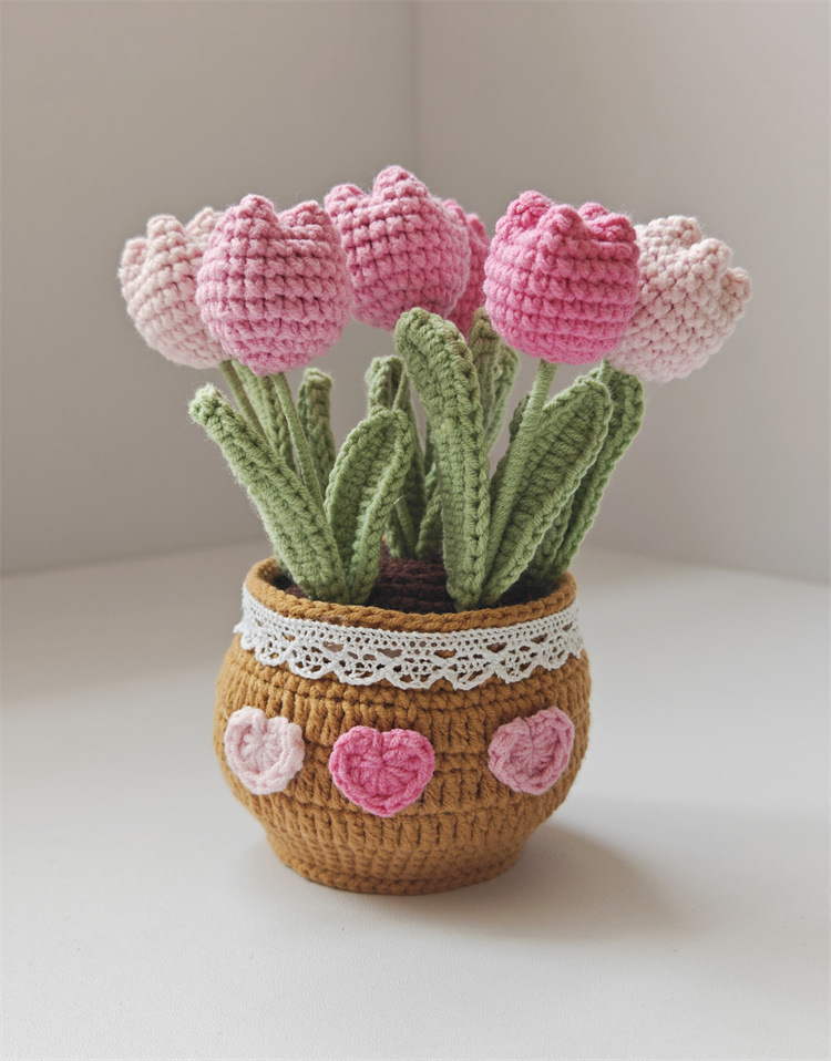 Handmade Crocheted Tulip Potted Plant with Yarn Knitted Rose Artificial Flower Desktop Bonsai Home Decoration