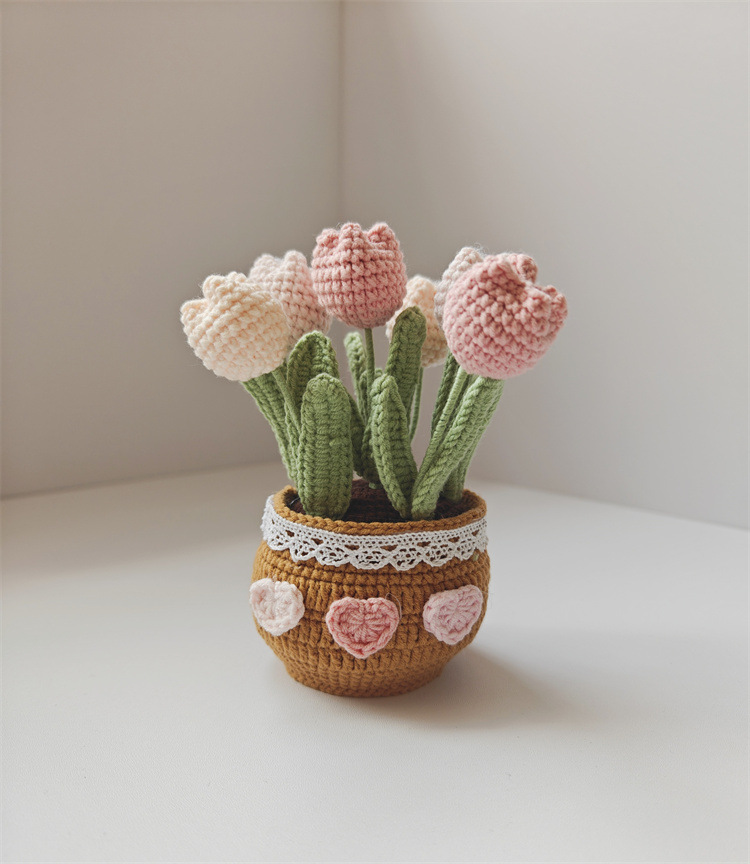 Handmade Crocheted Tulip Potted Plant with Yarn Knitted Rose Artificial Flower Desktop Bonsai Home Decoration