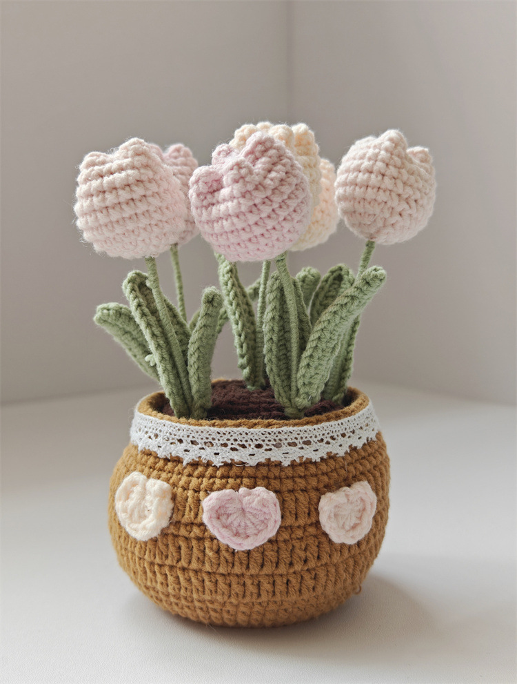 Handmade Crocheted Tulip Potted Plant with Yarn Knitted Rose Artificial Flower Desktop Bonsai Home Decoration