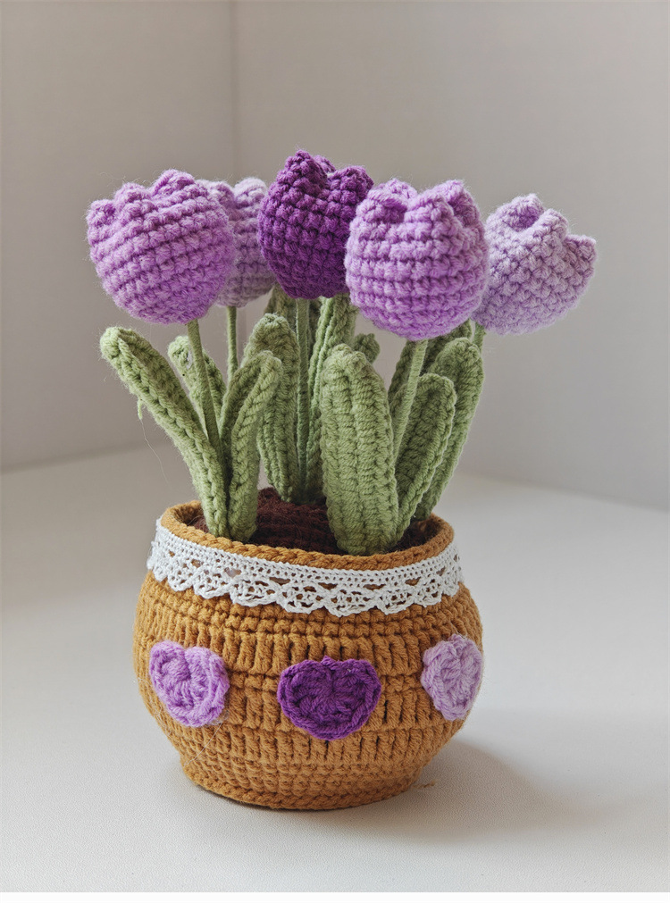 Handmade Crocheted Tulip Potted Plant with Yarn Knitted Rose Artificial Flower Desktop Bonsai Home Decoration